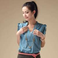 伊甸基因女新款简约时尚气质木耳边无袖V领雪纺上衣EA120021蓝色均码