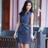 伊甸基因收腰翻领显瘦无袖打底连衣裙EC120084藏青色XL