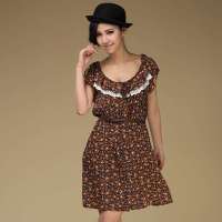 伊甸基因复古田园风短袖蕾丝边雪纺连衣裙EC120007咖色M