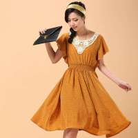 伊甸基因收腰蕾丝雪纺连衣裙EC120011黄色均码