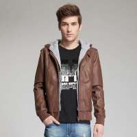 艾夫斯 男欧美帅气连帽PU革外套21231145002(咖啡色/L)