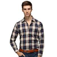 HODO红豆相思鸟男装纯棉翻领格子长袖衬衫HDXC13120(Y32卡其格180/96A)