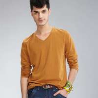 笛凡/DF 男装长袖T恤V领纯色打底衫T01(黄色/XXL)