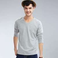 笛凡/DF 男装长袖T恤V领纯色打底衫T01(灰色/XXL)