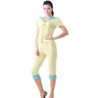 仙子宜岱简约优雅氨棉短袖上衣配七分裤二件套黄色(M)H23184