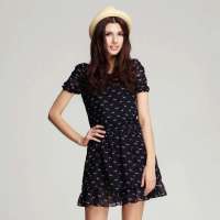 艾夫斯 女装可爱小狗印花日系泡泡袖收腰连衣裙G21222319006(藏青/S)