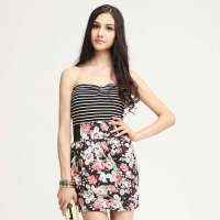 艾夫斯 女装韩版时尚拼接条纹裹胸大花纯棉连衣裙21122119002(黑色/M)