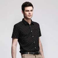 艾夫斯 男英伦休闲波点船锚印花纯棉短袖衬衫21121120020(黑色/M)