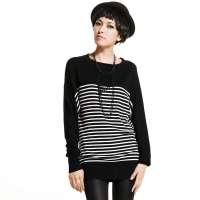 七格格 女装othermix黑白条纹拼接弹性丝光棉长袖连衣裙女装12B30013(黑白条纹/L)