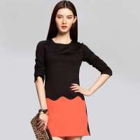 七格格 女装IAIZO高端春装女装OL通勤圆领包臀连衣裙11B40338(黑橙拼接/S)