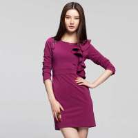 七格格 女装IAIZO春装荷叶边肩部烫钻修身连衣裙11B30016(紫红色长袖/L)