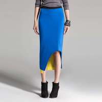 七格格 女装2013春双层面料倒U型开口半身裙包臀半身长裙3MP1014J(蓝黄色/XL)