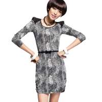 七格格 女装豹纹小飞袖修身春秋款连衣裙女12MB053061F(黑白拼接/XL)