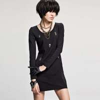 七格格 女装2013春装新品骷髅头装饰OPT长款T恤3MA1018L(黑色/S)