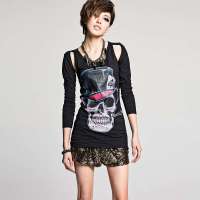 七格格 女装春装新款时尚个性骷髅印花修身长袖漏肩长款T恤女12A30201(黑色/XL)