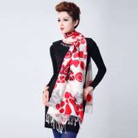 鄂尔多斯100%精纺纯羊毛印花女士长围巾444白红色