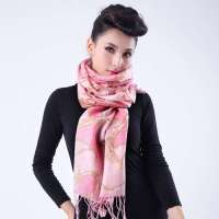 鄂尔多斯100%精纺纯羊毛印花女士长围巾808粉色