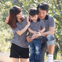 爱湾夏款黑白细条纹立领亲子童装110码