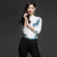 七格格 女装IAIZO春装欧美修身女装印花长袖衬衣12AD043015F（白色/L）