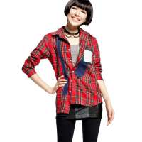 七格格 女装Othermix流行款红格子长袖衬衫三季可穿12D30024（红色/L）