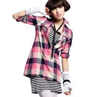 七格格 女装OTHERMIX修身七分袖红格子女式衬衫22D5102(红格子/M)