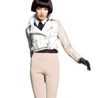 七格格 女装新款潮牌翻领双排装饰扣长袖拉链短外套12L30024(米色/XL)