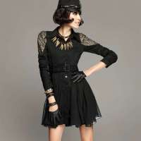 七格格 女装纸片人金属亮片小耸肩雪纺拼接风衣12MC043005F(黑色/S)