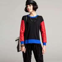 七格格 女装OTHERMIX冬装韩版拼接长袖套头卫衣外套3ML1003D(黑色/M)