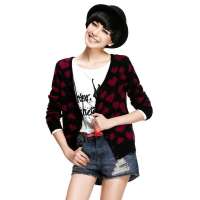 七格格 女装V领针织衫心形图案开衫12M30038(黑色/S)