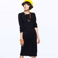 七格格 女装秋冬后摆开衩长款螺纹针织毛衣连衣裙12MM044010F(黑色/S)