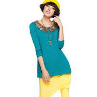 七格格 女装毛衣亮片娃娃领A字型宽松版针织衫12MA084013F(蓝绿/L)