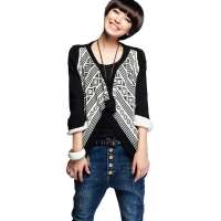 七格格 女装OTHERMIX几何图案不规则两穿毛衣开衫12MM014002F(黑色/F)