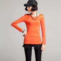 七格格 女装拼接长袖女款修身套头针织衫春秋打底衫3MA1012J(橙色/S)