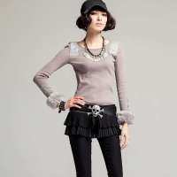 七格格 女装拼接长袖女款修身套头针织衫春秋打底衫3MA1012J(浅灰/L)