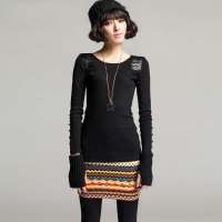 七格格 女装拼接长袖女款修身套头针织衫春秋打底衫3MA1012J(黑色/M)