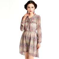 秋水伊人 女装浪漫碎花唯美雪纺连衣裙长裙修身631102016(驼色/沙色/XL)