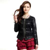 秋水伊人 女装唯美镂空钩花拼接修身皮衣外套123316002(黑色/M)
