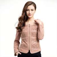 秋水伊人 女装唯美镂空钩花拼接修身皮衣外套123316002(裸色/XL)