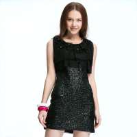 秋水伊人 女装浪漫靓丽名媛风网纱亮片长款连衣裙纯色122102115(黑色/M)