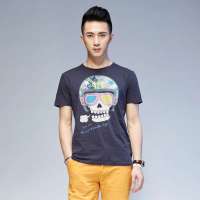 唐狮 男前胸卡通骷髅印花圆领Tee恤613211022407(烟灰XL)