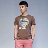 唐狮 男前胸卡通骷髅印花圆领Tee恤613211022407(驼色XL)