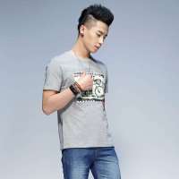 唐狮 男胸前自行车照片印花圆领Tee恤613211022435(麻灰XL)