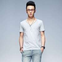 唐狮 男素色开门襟V领T恤613211024402(浅麻灰L)
