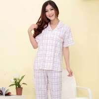 顶瓜瓜/顶呱呱女短袖纯棉翻领套装格子家居服白底粉色(170)DJJWX-T0008