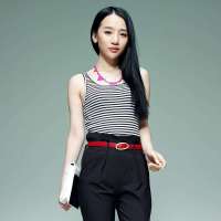 唐狮 女条纹拼蕾丝下摆背心613221021402(黑色M)