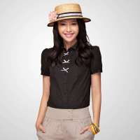 Theme掂牌 女装春装新款时尚修身波点圆点泡泡短袖纯棉衬衫8TK8WG5WS01(黑/M)