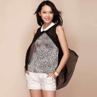Theme掂牌 女装春装新品时尚瑞丽雪纺拼豹纹无袖背心款衬衫8TK8WJ2WR01(蜡黄/XL)