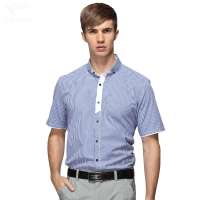 HODO红豆相思鸟男装男士休闲条纹修身款短袖衬衫HDXC13105(B25兰色175/92A)