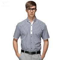 HODO红豆相思鸟男装男士休闲条纹修身款短袖衬衫HDXC13105(B28深兰色185/100A)