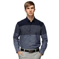 HODO红豆相思鸟男装男士休闲印花修身款长袖衬衫HDXC13109(S10藏青185/100A)